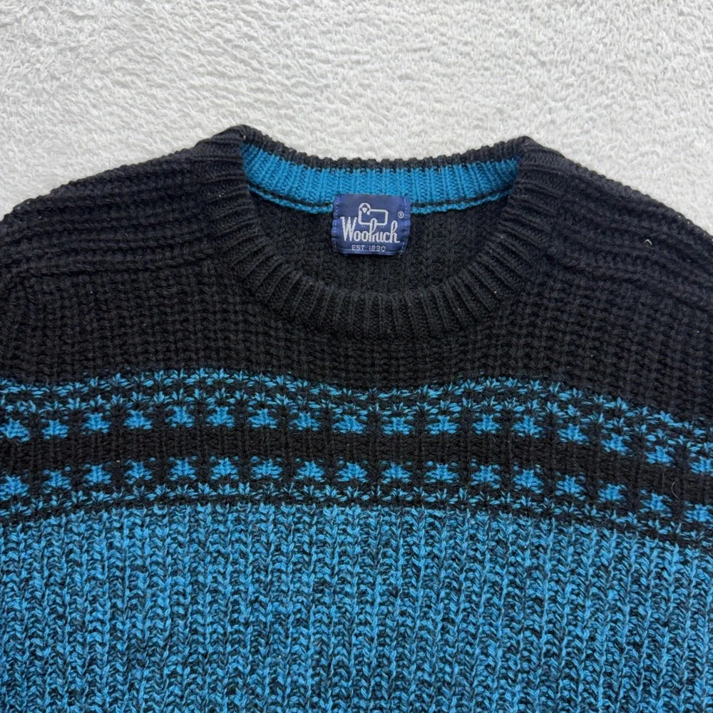 Woolrich Mens Blue Black Fair Isle Chunky Knit Crewneck Sweater Vintage‎ Large